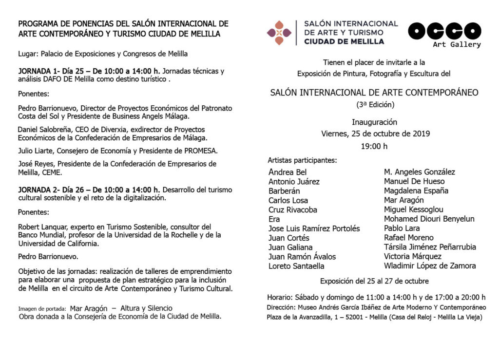 OCCO Art Gallery organiza la muestra artística del Salón de Internacional de Arte Contemporáneo Ciudad de Melilla. Sede en el Museo de Arte Moderno y Contemporáneo de Melilla. Exposición de pintura, escultura y fotografía.