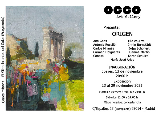 Exposición ORIGEN ORIGEN, exposición de pintura, escultura, arte digital y fotografía. Puedes visitarla desde el 13 al 29 de noviembre de 2025 en OCCO Art Gallery, Madrid