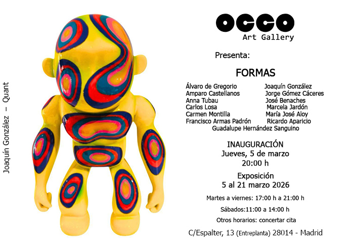 Exposición FORMAS de pintura y escultura. Puedes visitarla desde el 5 al 21 de marzo de 2026 en OCCO Art Gallery, Madrid.